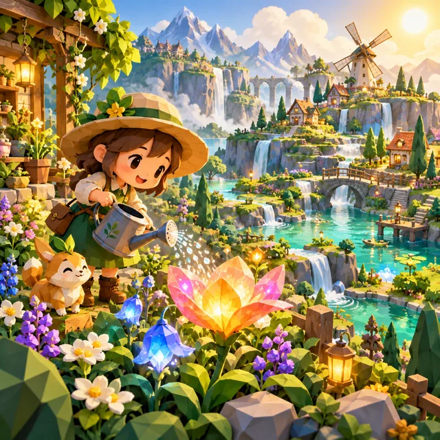 A tiny garden world with warm light and playful plants